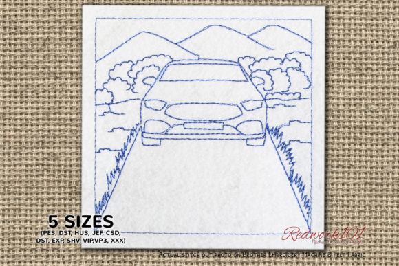 Car Parked on Road Redwork Design