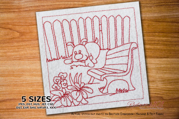 Charming Dog in the Garden Redwork Design
