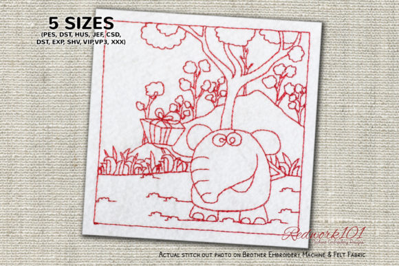 Elephant with Gift Box: A Charming Redwork Design
